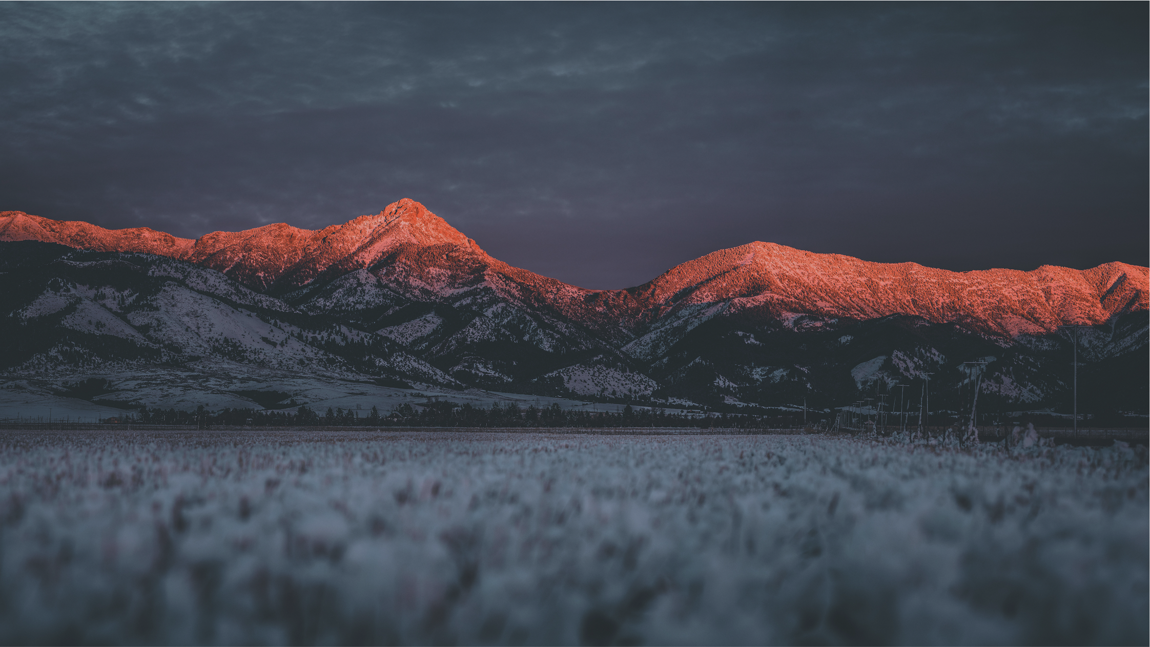 Snowy mountains at sunrise which casts the tips of the mountains in a red glow