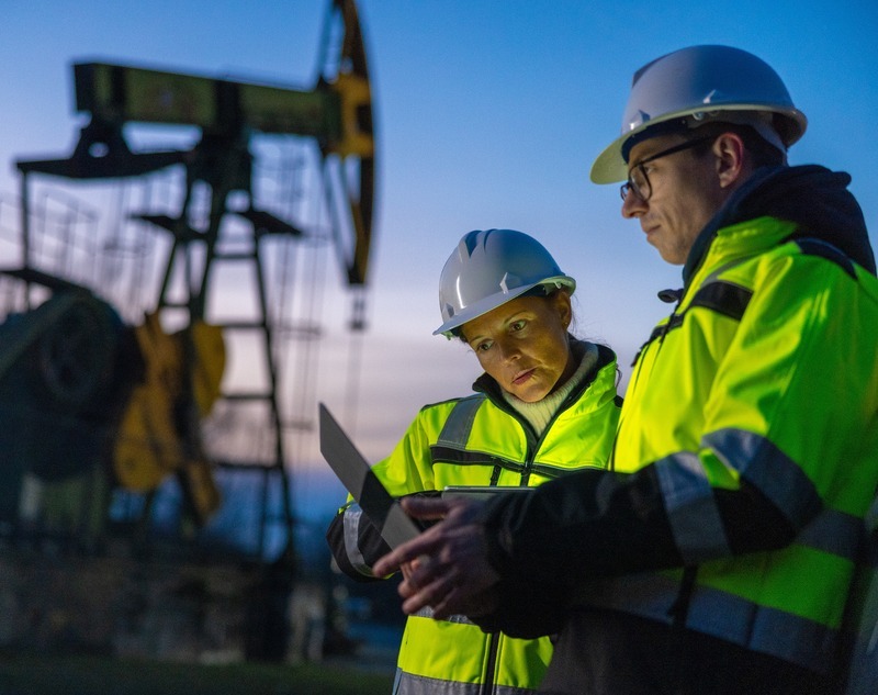 Two people in bright yellow vests in front of oil machinery looking at a laptop